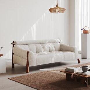 中古奶油风实木布艺设计师创意直排高靠背白色复古白蜡木三人沙发