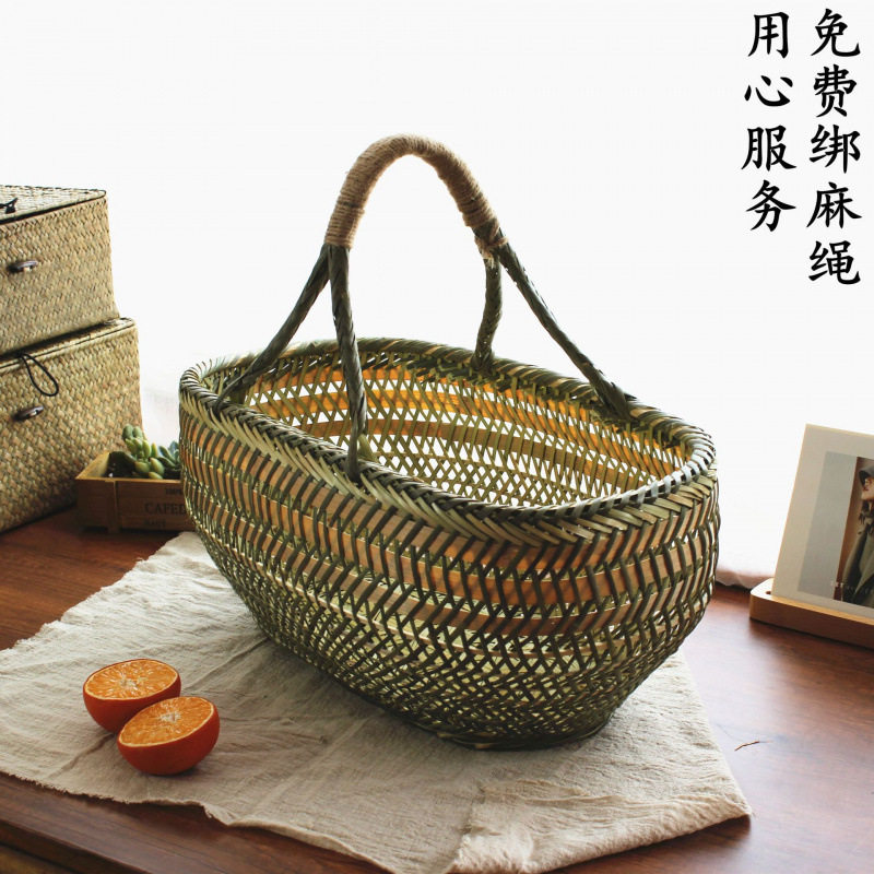 竹篮子圆篮手工竹制品手提菜篮蔬菜篮鸡蛋篮水果收纳竹筐竹编竹器