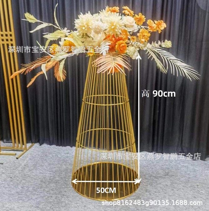 新款电镀金架子婚礼桌花插花架婚礼堂现场布置金属长款花器摆件