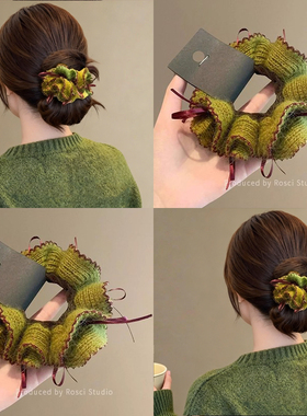 韩系复古果绿色针织毛线发圈女新款扎丸子头发绳配毛衣高级感发饰