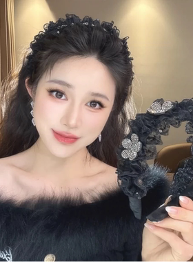 高级感发箍女黑色水钻蝴蝶结发卡花朵褶皱高颅顶头箍2024新款发捆