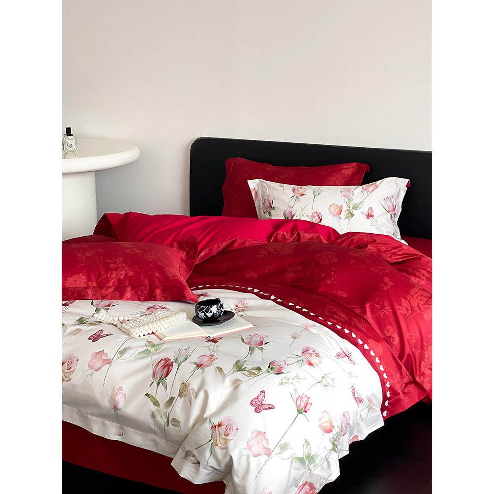 浪漫婚礼120S缎面长绒棉四件套花数码印花棉质婚礼被套床上用品