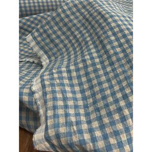 布久满足亚麻纹理色织纯亚麻格纹面料旗袍礼服衬衫服装面料蓝色