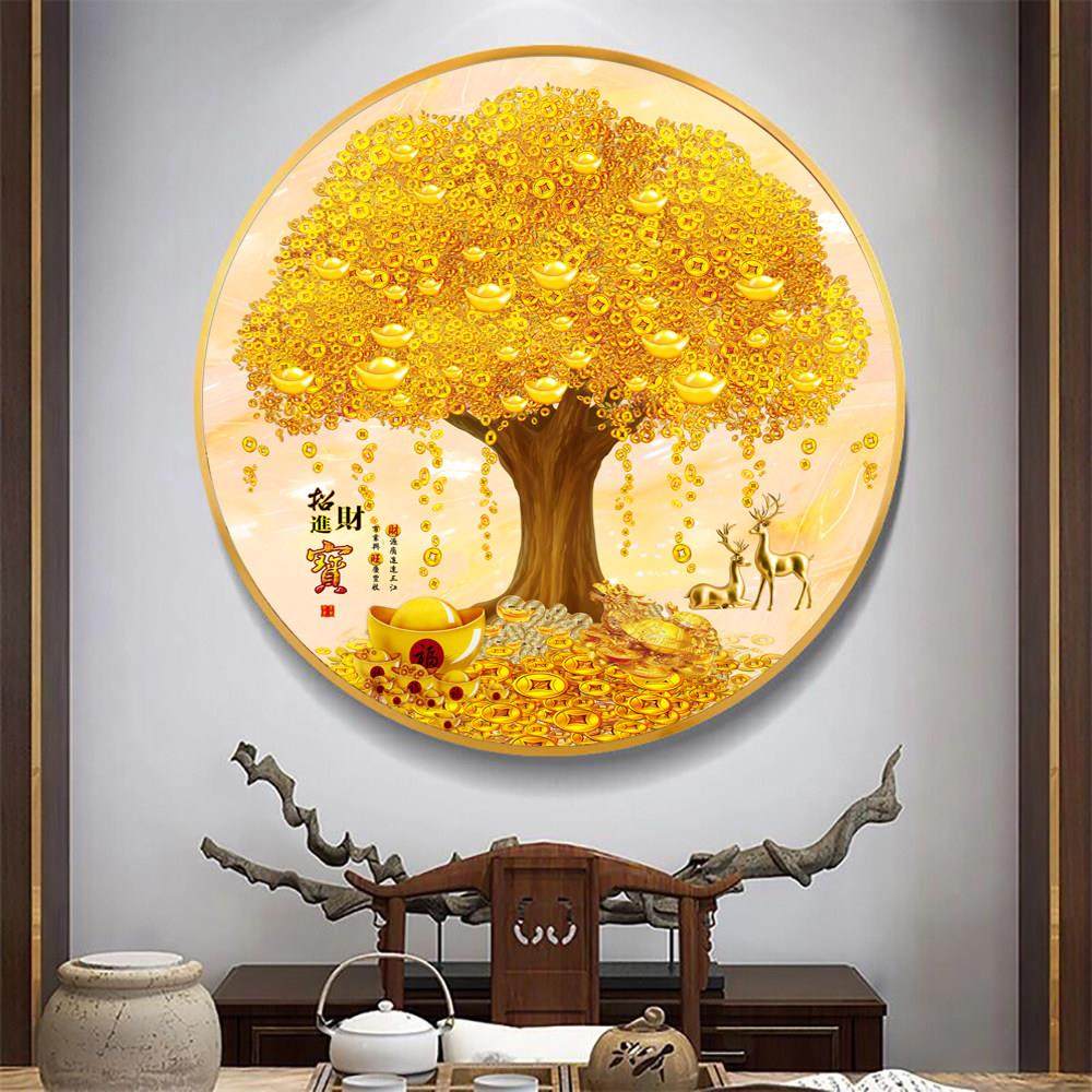 招财进宝新中式玄关装饰画发财树摇钱树客厅黄金满地大气圆形挂画,家居饰品,现代装饰画,淘宝优惠券,粉丝福利购,淘宝优惠卷