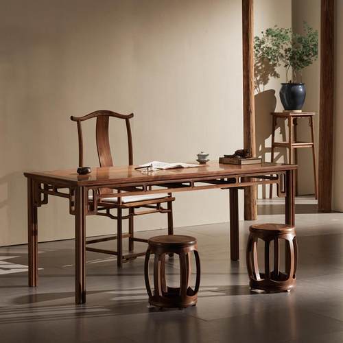 新中式明式实木黑胡桃家具禅意茶室干泡书桌茶台茶桌椅组合