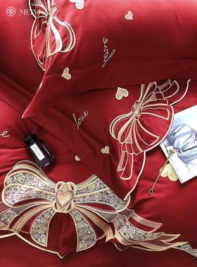 jw提花雅婚庆四件套全棉100支新婚蝴蝶结红色被套结婚床上用品