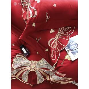 jw雅新婚婚庆四件套全棉100支提花蝴蝶结红色被套结婚床上用品