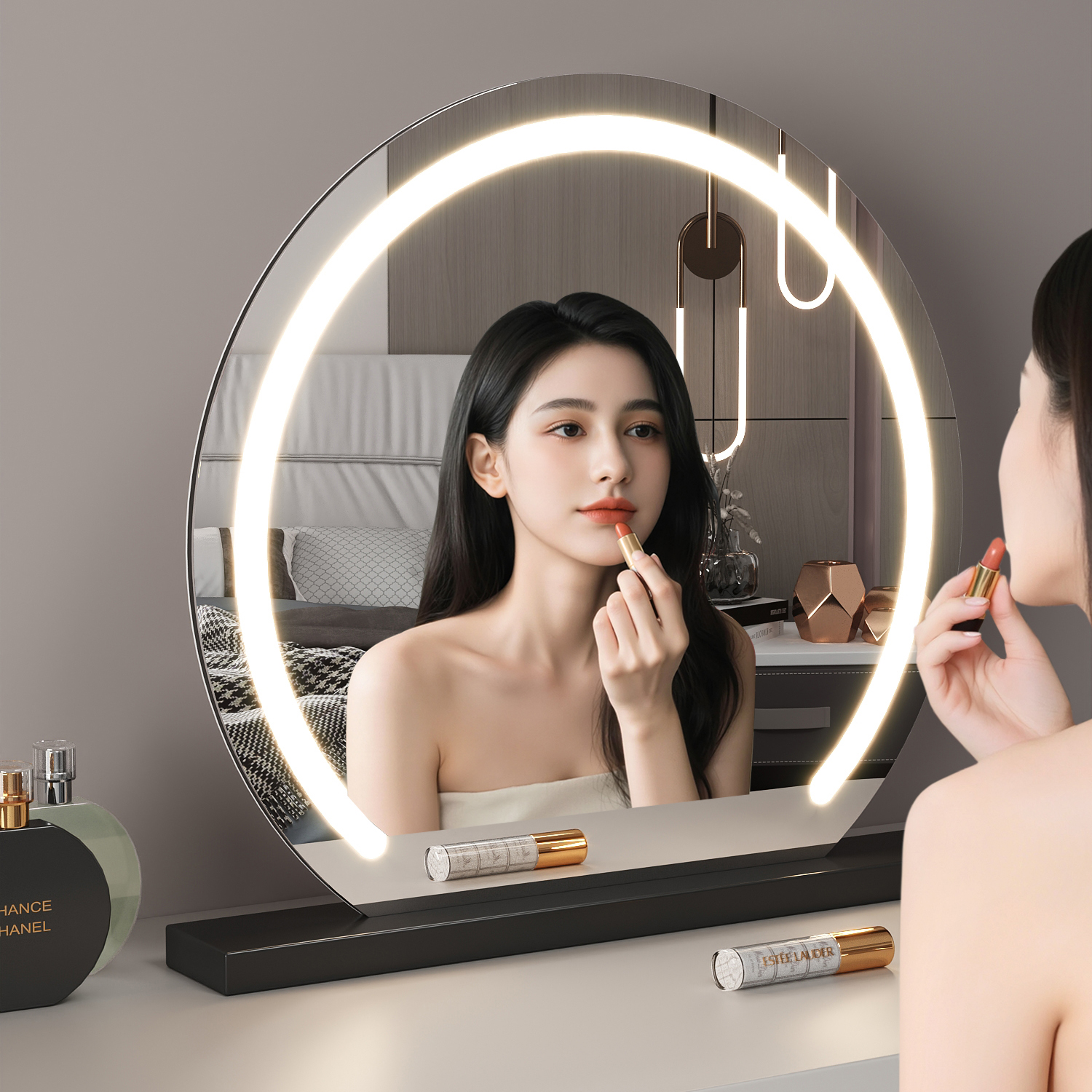 梳妆台LED化妆镜大号双面可翻转卧室台式桌面梳妆镜高级感大镜子