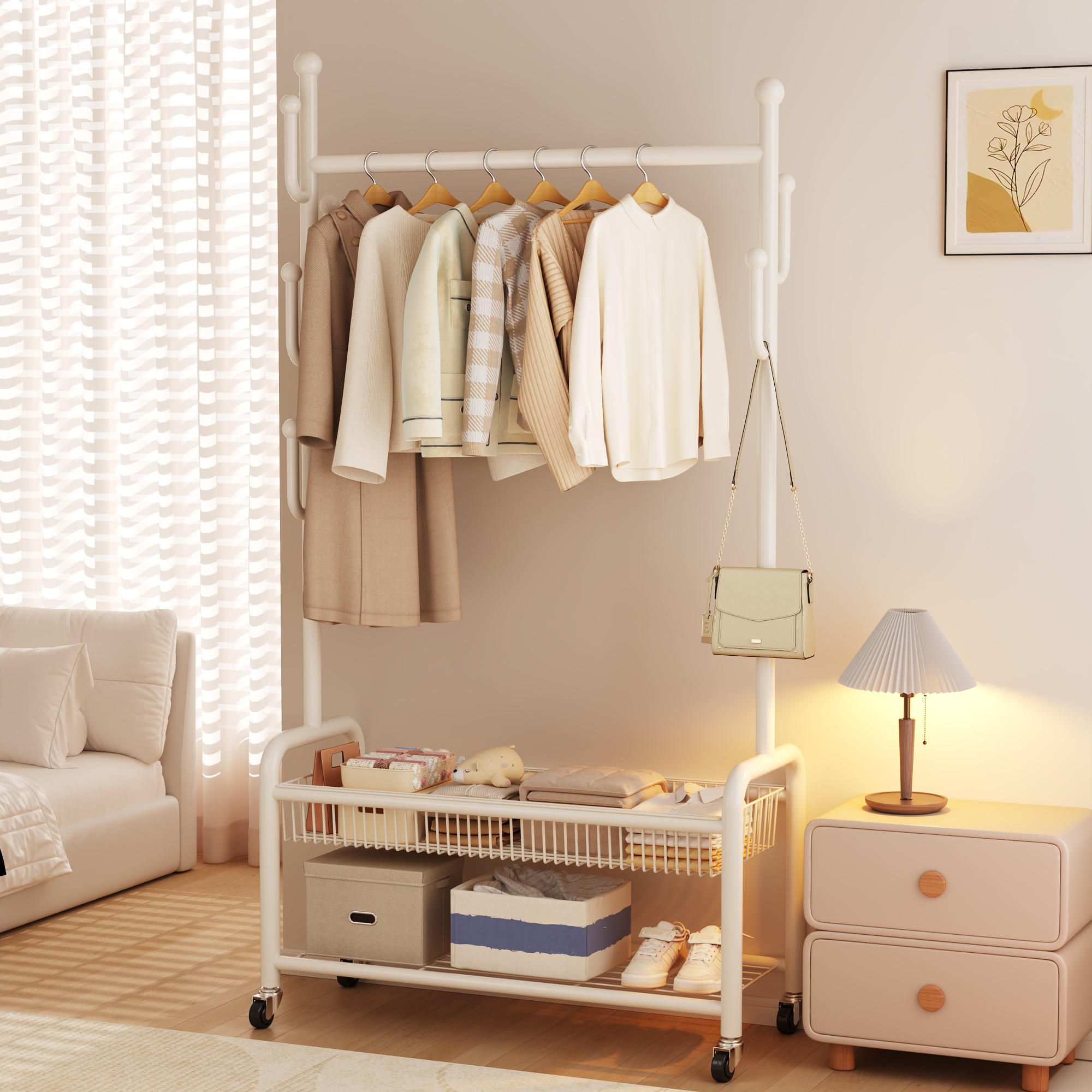 奶油风落地衣帽架带轮可移动