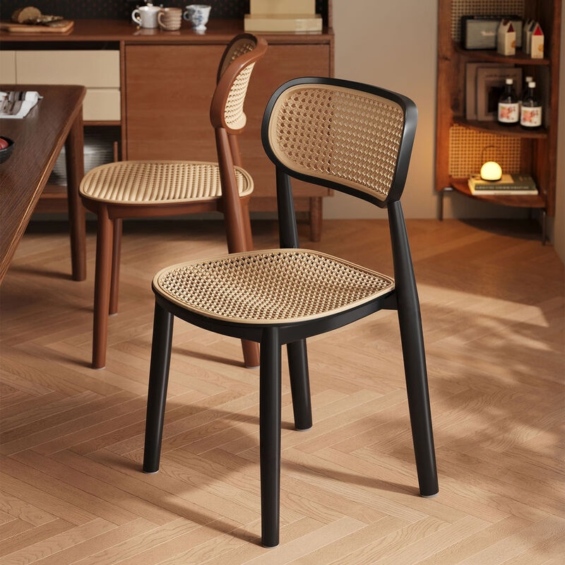 中古风餐椅可叠放椅子加厚塑料靠背椅子家用藤编凳子出租房餐桌椅