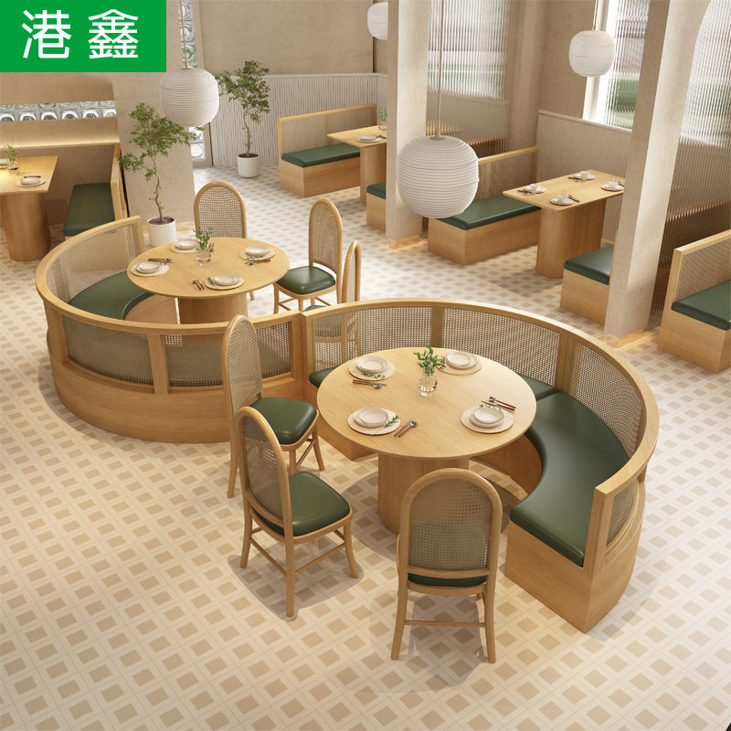 编藤实木卡座沙发东南亚主题茶西餐厅饭店料理餐饮咖啡厅桌椅组合