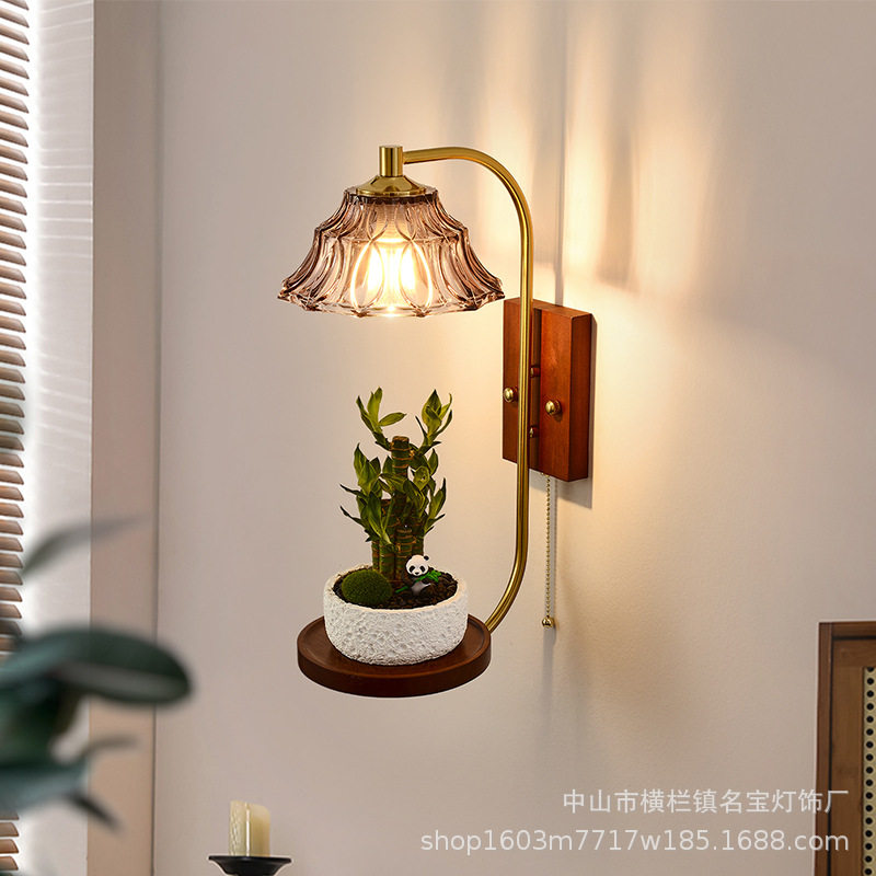新中式创意中古风原木铜壁灯复古卧室床头客厅走廊过道楼梯墙壁灯
