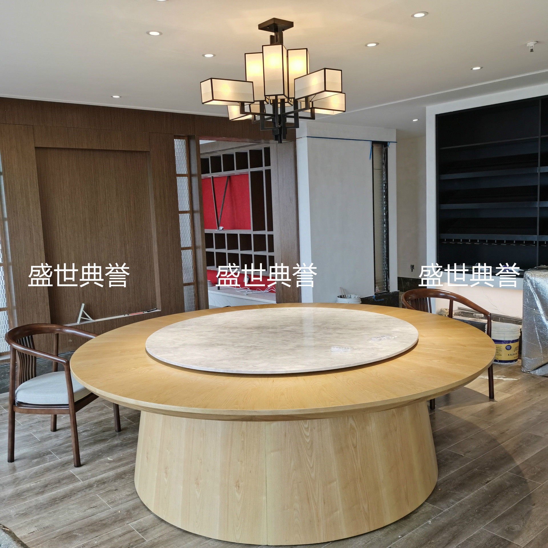 苏州度假酒店包厢大理石电动转盘餐桌高端会所新中式实木电动餐桌