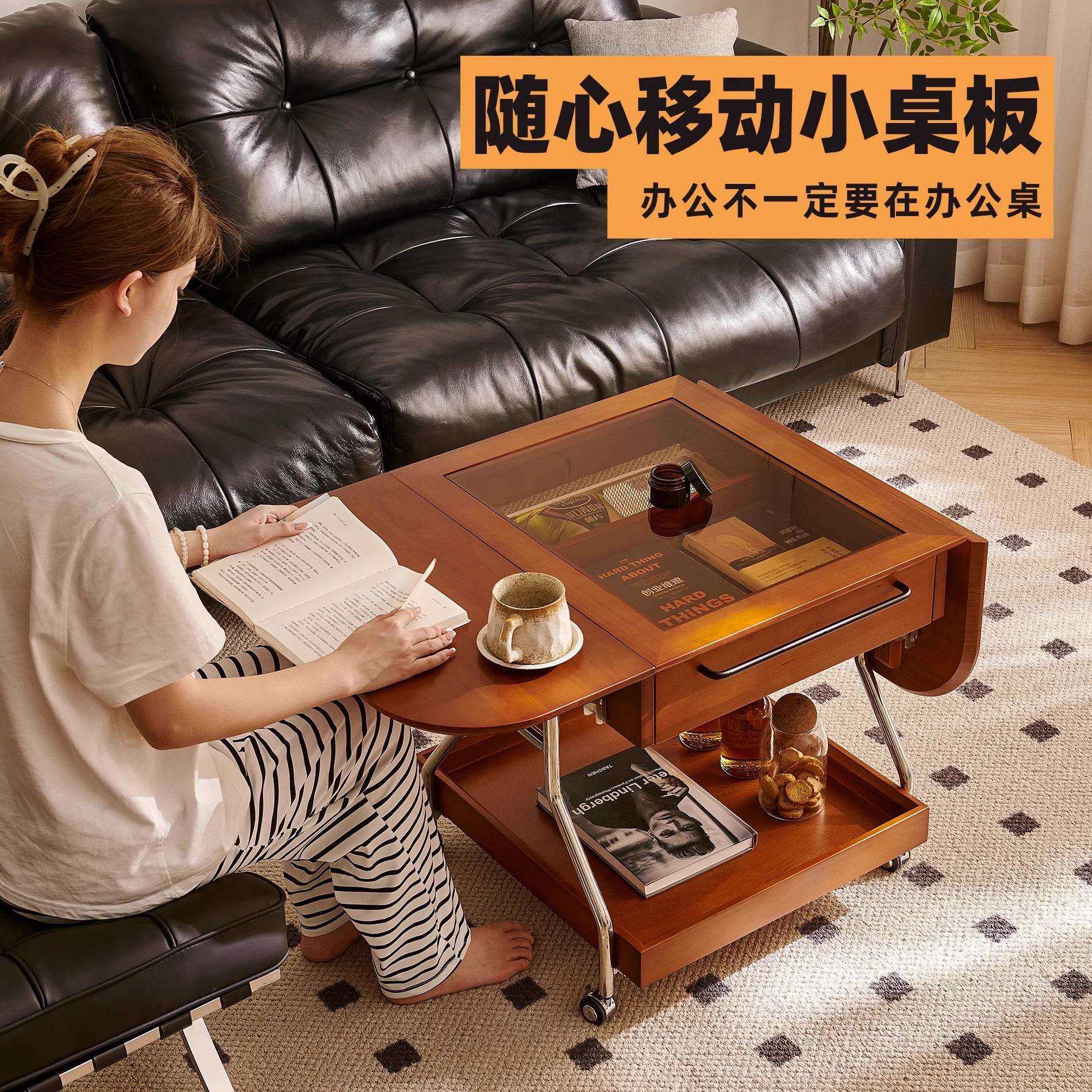 中古风移动茶几实木复古北欧折叠家用边几小户型客厅收纳小餐车