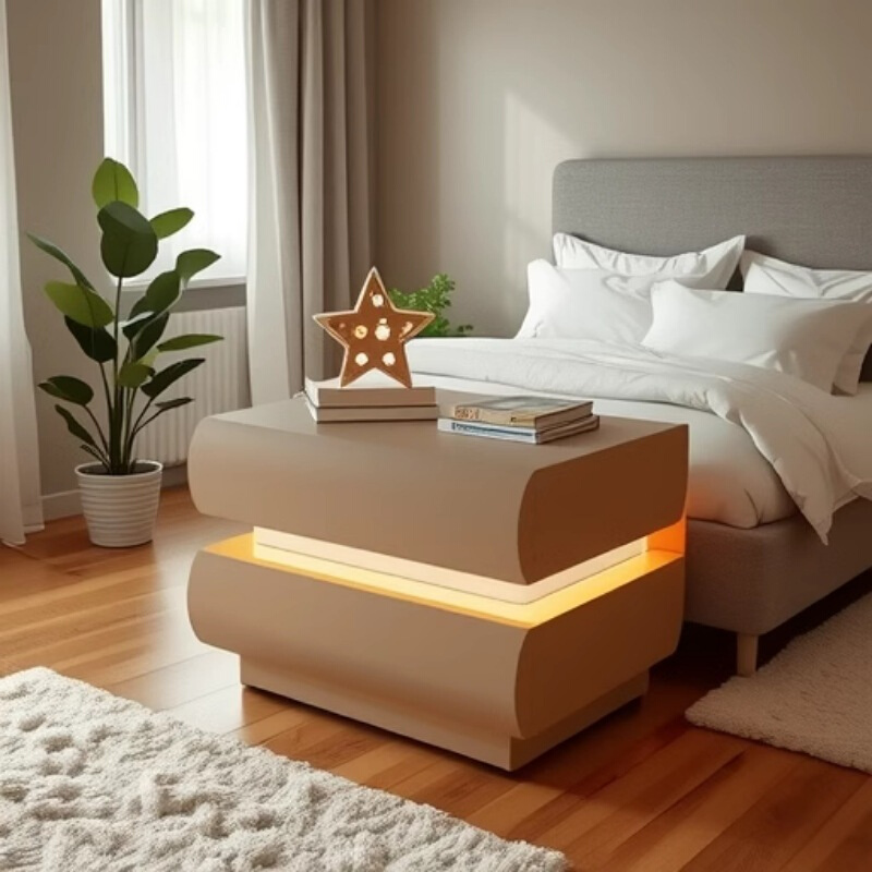 实木奶油风带灯床头柜现代简约法式极简网红创意白三抽月半床边柜