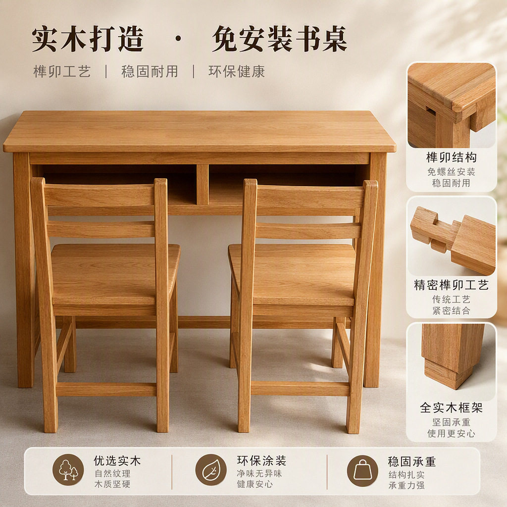 实木双人书桌家用儿童学习桌可调节一体小户型电脑课桌椅