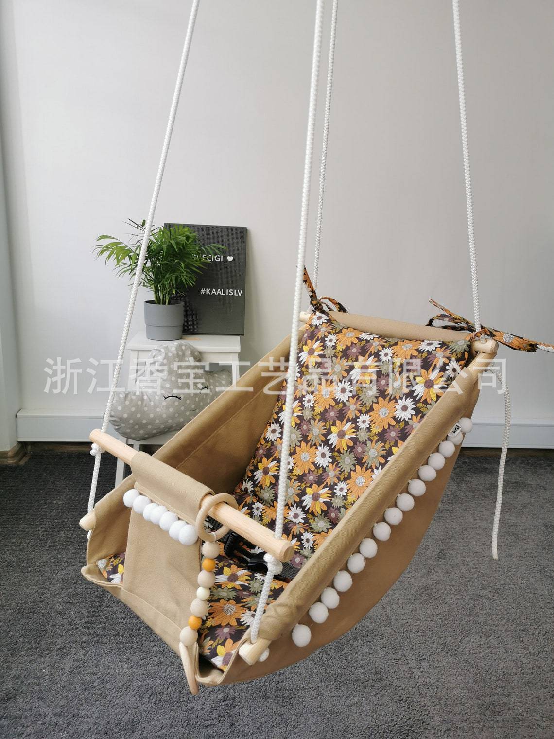 新款外贸出口欧美热销榉木高档儿童布袋秋千可印花吊床吊椅
