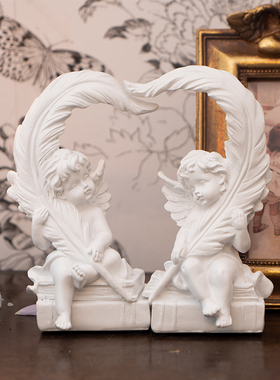 新品复古森林欧式白色可爱天使羽毛树脂书L橱摆件家居装饰道具样