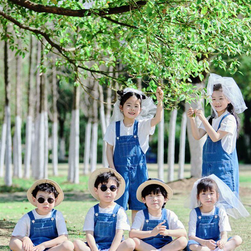 极速六一男童女童牛仔抱婴袋短裤套装夏季L幼儿园毕业班服儿童合