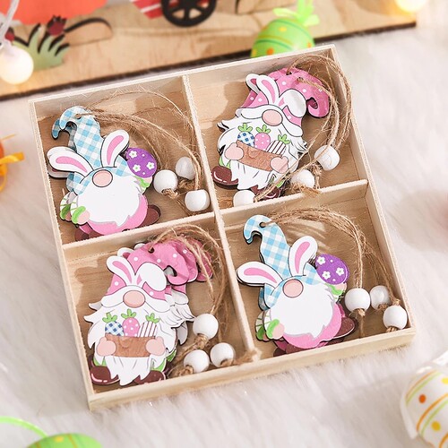新品.9/12pcs Easter Wooden Pendants Rabbit FaceSless Gnome W