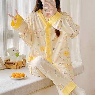 辣 月子服纯棉产后哺乳衣睡衣三件套长裤 极速孕妇家居服夏k季 薄款