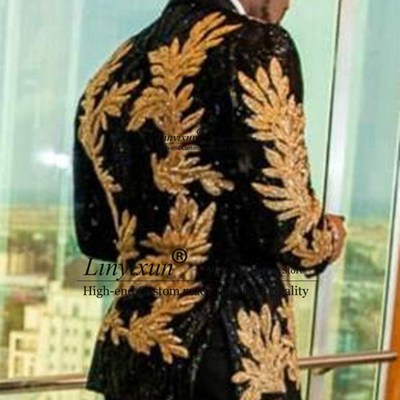 极速Slibm Fit terno masculino Shiny Sequins Gold Applique Su