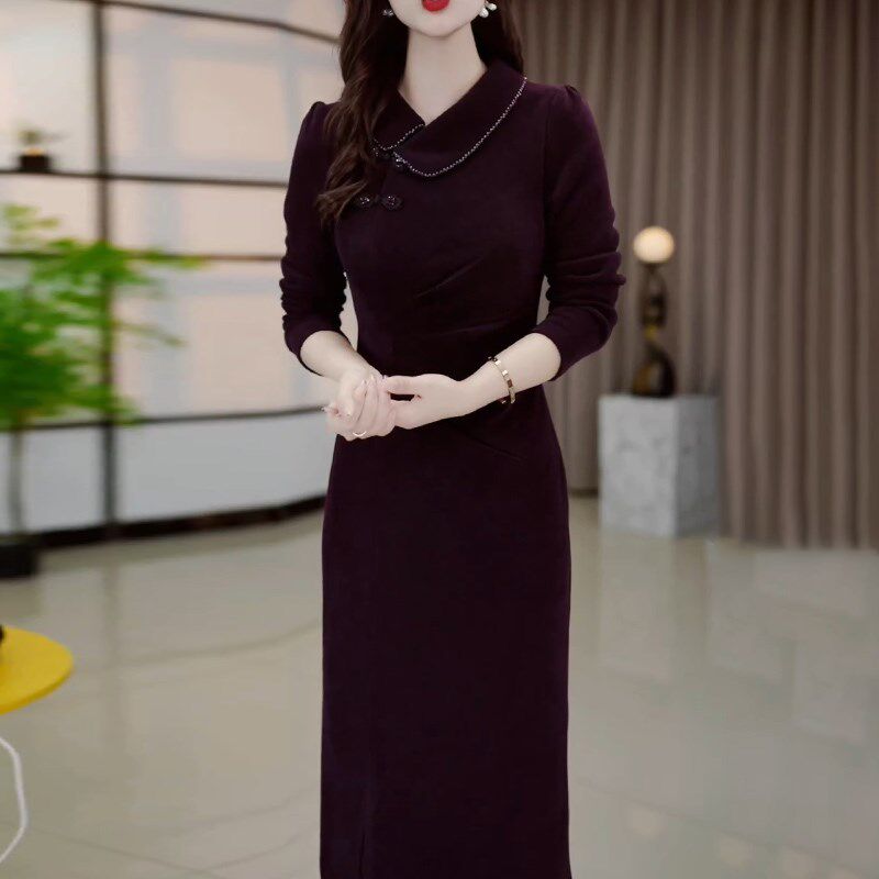 新品改良旗袍连衣裙2025新款女秋冬高端修身喜R婆婆婚宴妈妈礼服