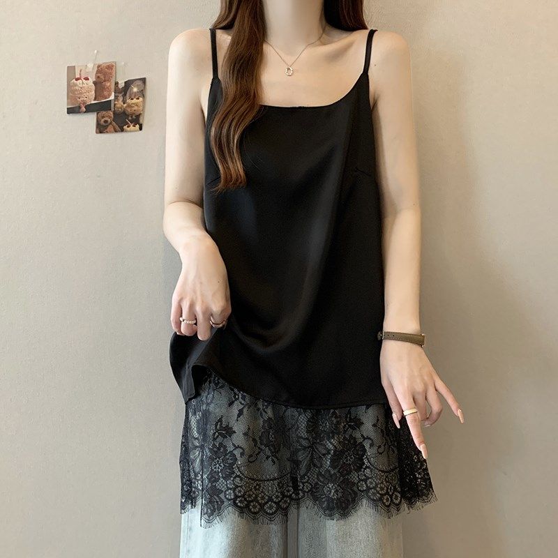 新品夏季新款蕾丝k拼接醋酸缎面吊带背心女外穿胖mm大码叠穿中长