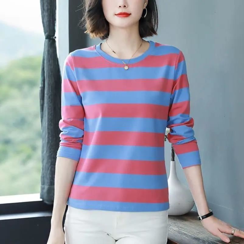 速发长袖条纹T恤女棉质宽松显瘦减龄上衣中年妈妈休闲遮肚秋衣打