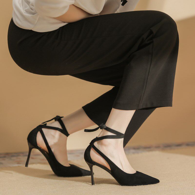 极速羊皮黑色高跟鞋女o2026新款细跟尖头高跟8cm交叉绑带性感单鞋