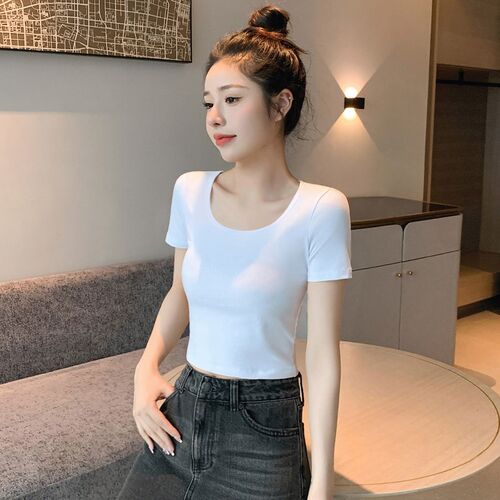 极速黑色正肩短袖t恤女2025新款圆领纯棉体恤修身显X瘦高腰短款上