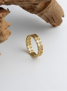 新款跨境钛钢饰品 镂空招财铜钱转运食指钛钢戒指 几何个性复古情