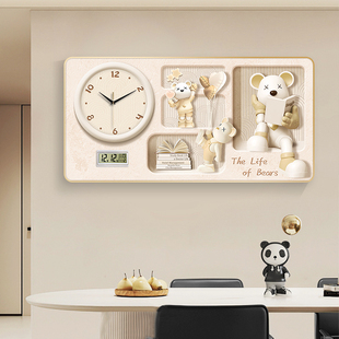 2025年新款装饰画万年历挂钟客厅餐厅挂墙现代简约大气钟表可爱熊