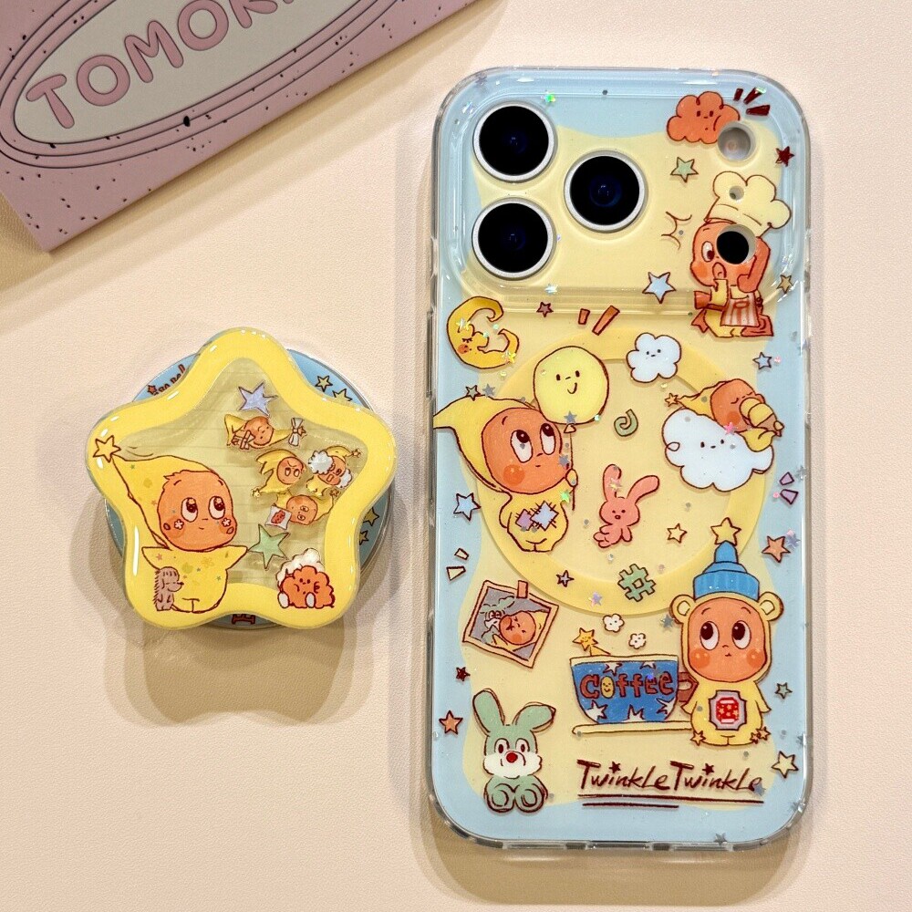 可以黄底气球插画星星人磁吸支架适用苹果iPhone16promax手机壳15Promax可爱高级感17promax趣味防摔13个性女