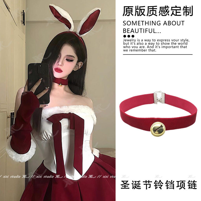 红色丝绒铃铛项链酒红色锁骨链项圈颈链氛围感圣诞节摇铃变装配饰