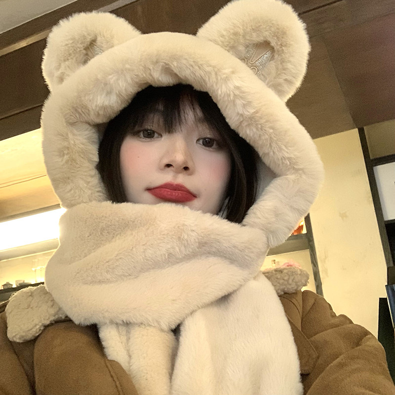 小熊帽子围巾一体女冬保暖可爱毛绒护耳骑车三件套手套围脖冬季