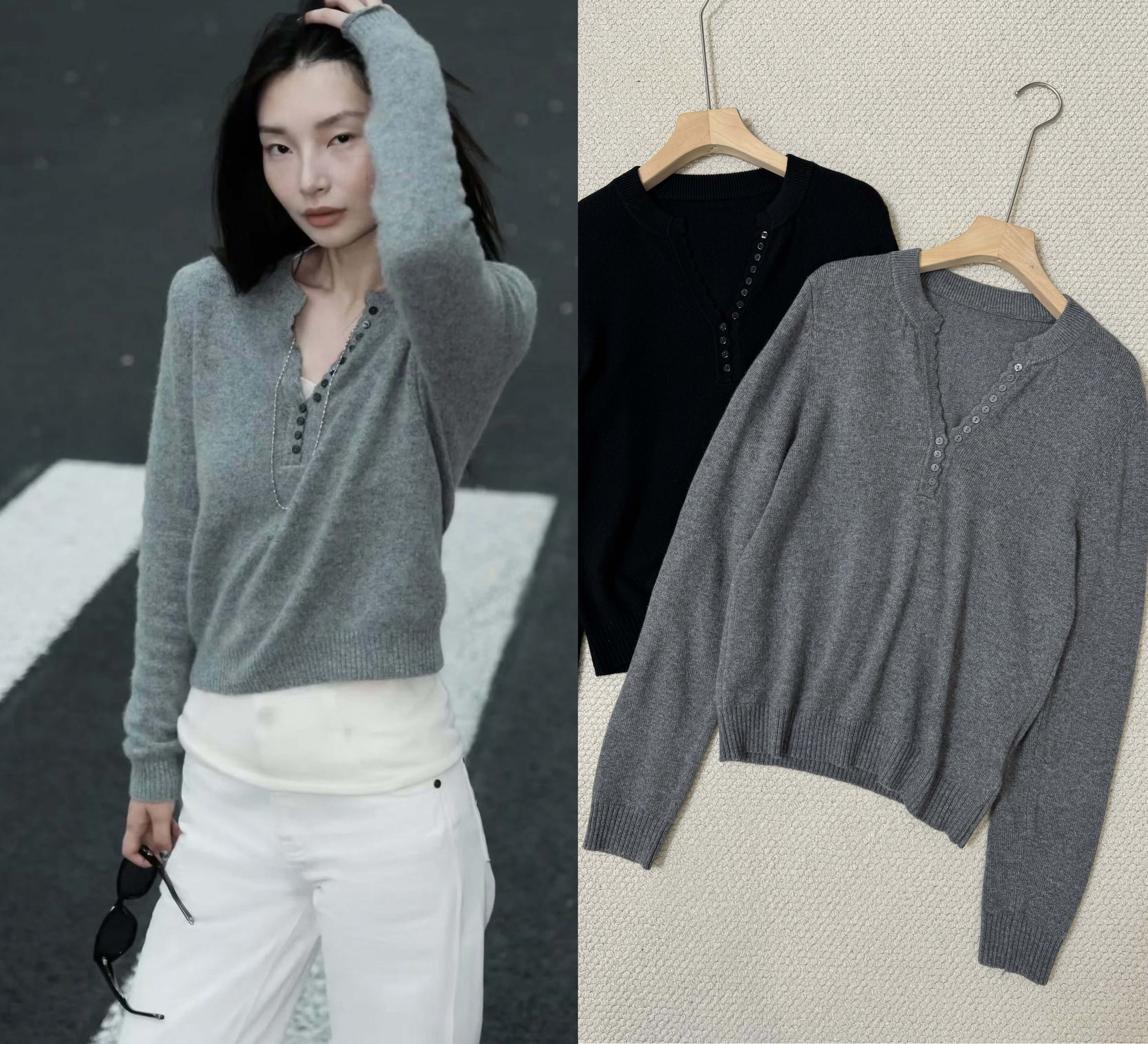 明星同款轻奢羊绒羊毛混纺2025秋冬纯色短款套头上衣半开领针织衫