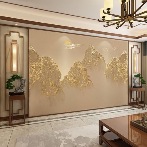 热销墙布壁纸轻奢背景墙r客厅墙纸装饰新电视壁布壁画中式沙发山