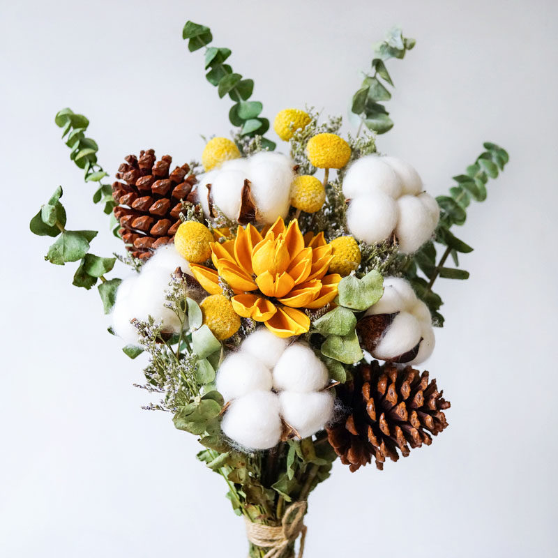 热销明灿 干花花束装饰摆u件棉花北欧真花文艺松果壁挂墙客厅花瓶