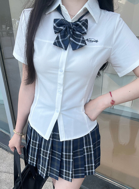 林间萌象夏季学院风修身显瘦白色短袖收腰衬衫jk制服套装刺绣衬衣