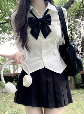 原创收腰衬衫女长袖修身辣妹衬衣jk制服学院风职业套装白色学生装