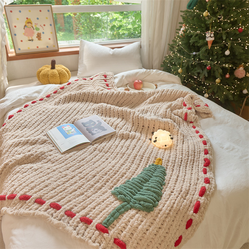 圣诞节日氛围感针织小毛毯a类软糯沙发盖毯立体松树亲肤午睡毯子