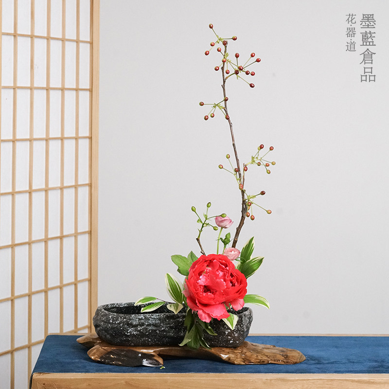 新品陶瓷复古仿i石头插花花器 禅意中式插花器皿日式花道古典大花
