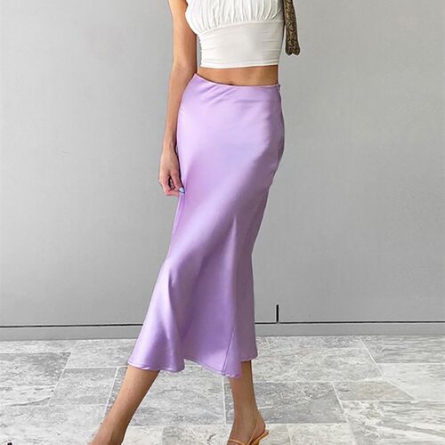 新品Mnealweays18 Solid Purple Satin Silk Skirt Women High Wa