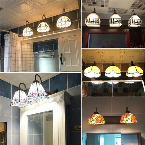 极速室梳妆台化妆镜欧式三头壁y灯镜前 浅黄色 米黄白格双头灯2