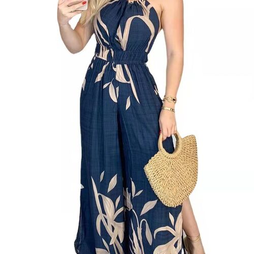 极速Party Romper Print Halter Slit Wide-legs QParty Jumpsuit