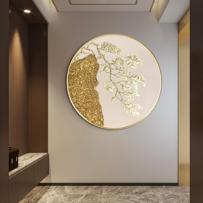极速大芬油画迎客松金箔玄关装饰画饭厅客厅轻奢S现代简约过道壁