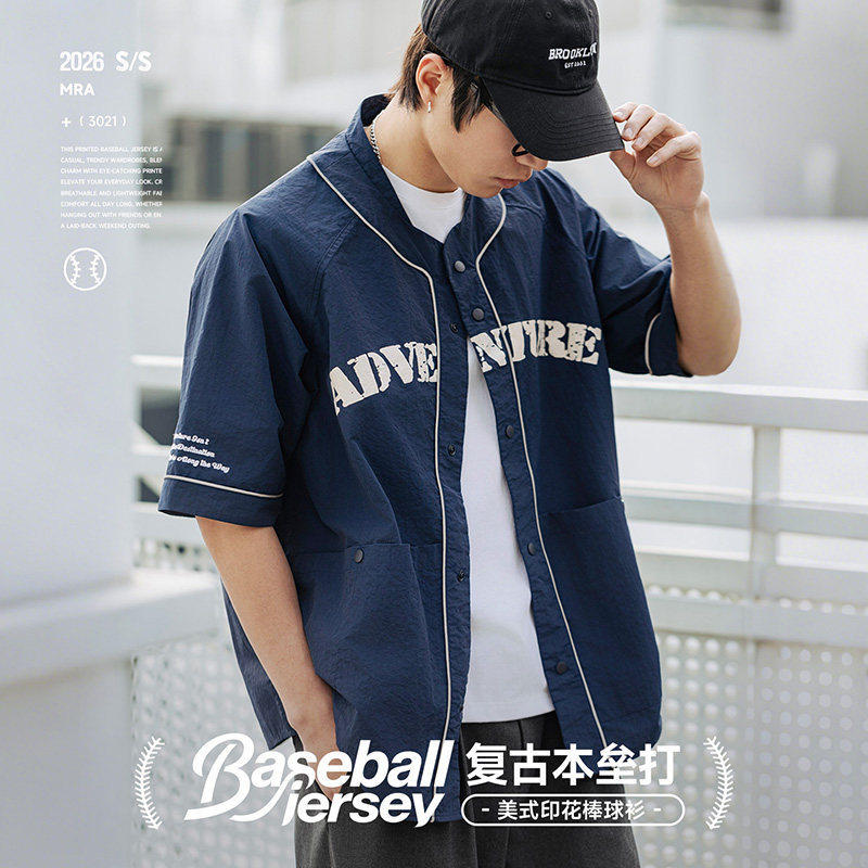 MRA男装 美式棒球领短袖开衫学院风衬衫街头字母印花衬衣外套潮夏