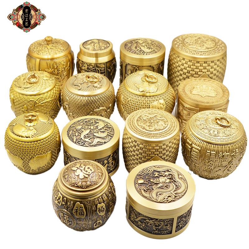 宏达 全黄铜五牛茶叶罐 茶桌大号密封龙凤茶叶罐铜器摆件