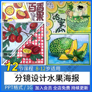 少儿童美术课件分镜设计水果海报PPT课件线描马克笔绘画临摹素材